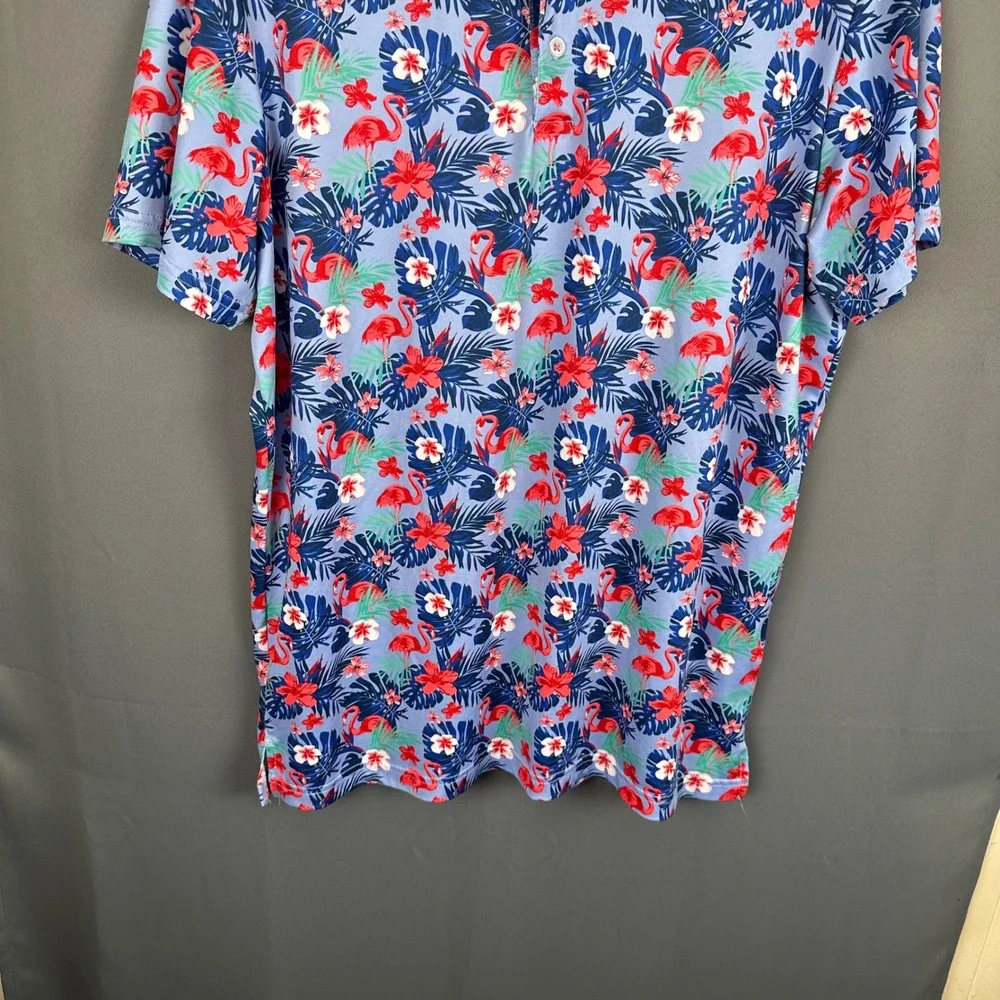 TailorByrd Mens Flamingo Tropical Floral Golf Polo Shirt Blue Medium